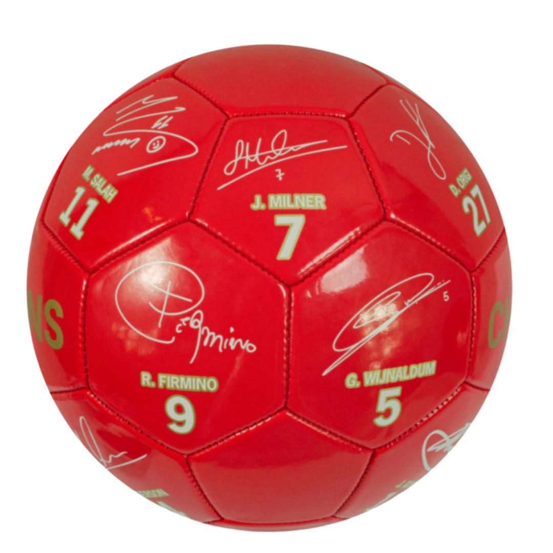 This Size 5 Official Liverpool Red EPL Champions Signature Football is perfect for any fan who likes to kick about in the summer. This football features various signatures from famous players, and the L.F.C. club crest printed in the middle. This is the perfect gift for the young L.F.C. football fan!