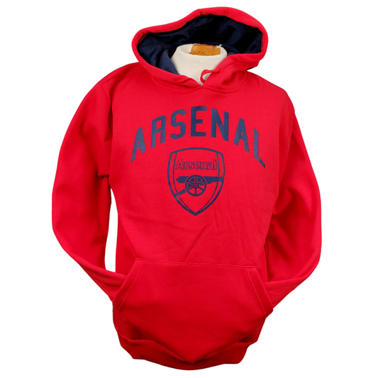 Bright red Arsenal football club hoodie. The Text "ARSENAL" is in navy blue in big bold letters across the chest. Below the text is the teams official crest in navy blue