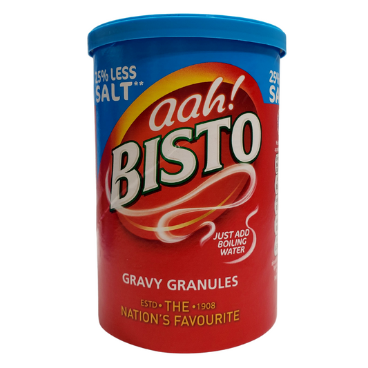 Bistro onion gravy granules. UK's favourite gravies. To make: Add four heaping teaspoons of Bistro granules into a measuring jug. Add 280mL of boiling water to the granules. Stir until homogenous and smooth. 25% less salt than the original Bistro gravy granules.