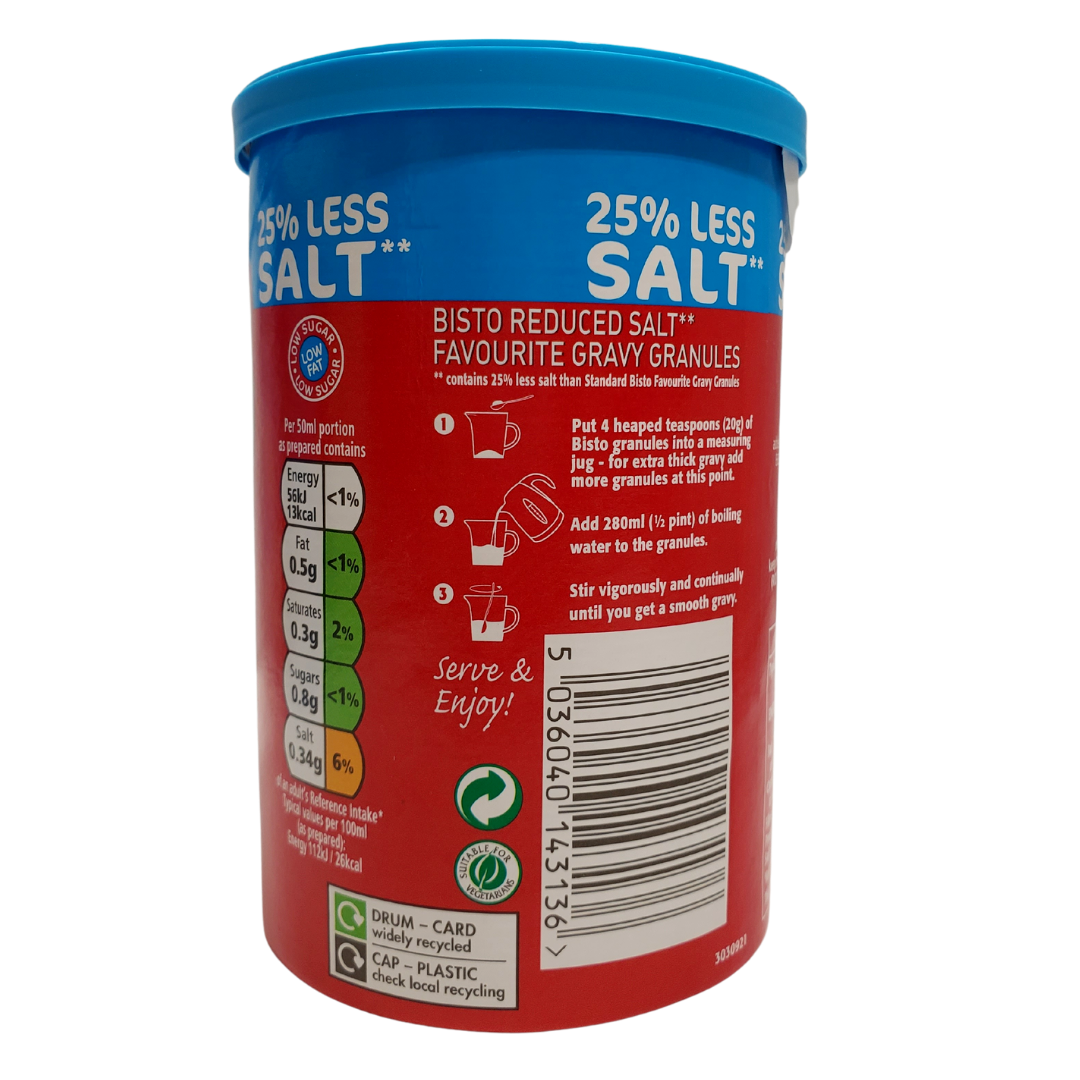 Bistro onion gravy granules. UK's favourite gravies. To make: Add four heaping teaspoons of Bistro granules into a measuring jug. Add 280mL of boiling water to the granules. Stir until homogenous and smooth. 25% less salt than the original Bistro gravy granules.