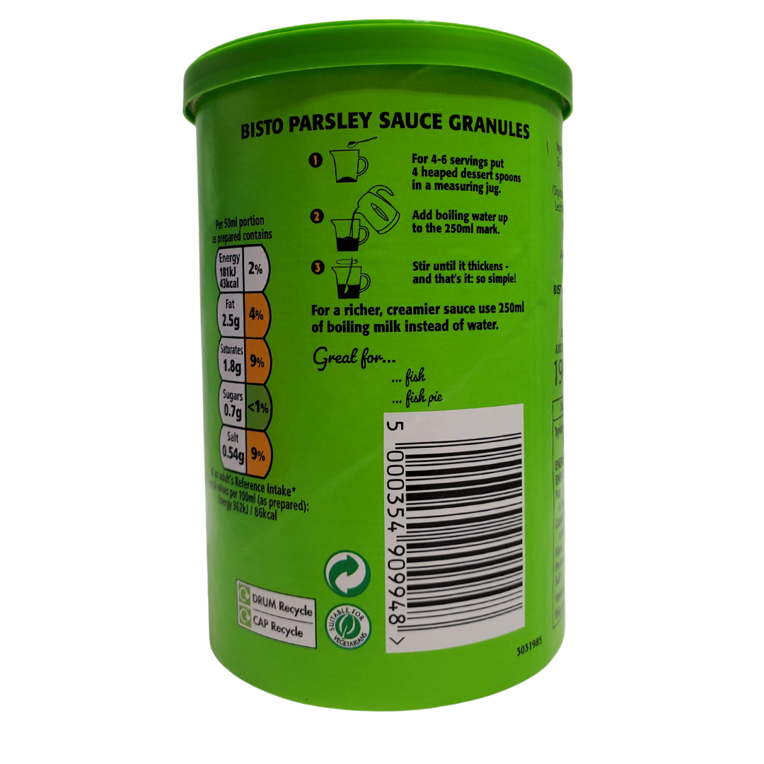 Bistro parsley sauce mix. UK's favourite gravies. To make: Add four heaping teaspoons of Bistro granules into a measuring jug. Add 280mL of boiling water to the granules. Stir until homogenous and smooth.