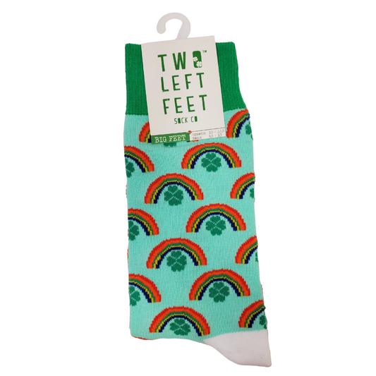 Get the luck of the Irish while keeping your toes toasty with these four-leaf clover rainbow socks! Comes in two size variations: small feet, and big feet. Small Feet: Women's: 5.5-9.5 Men's: 5-8 Large Feet: Women's: 10-12.5 Men's: 8.5-13