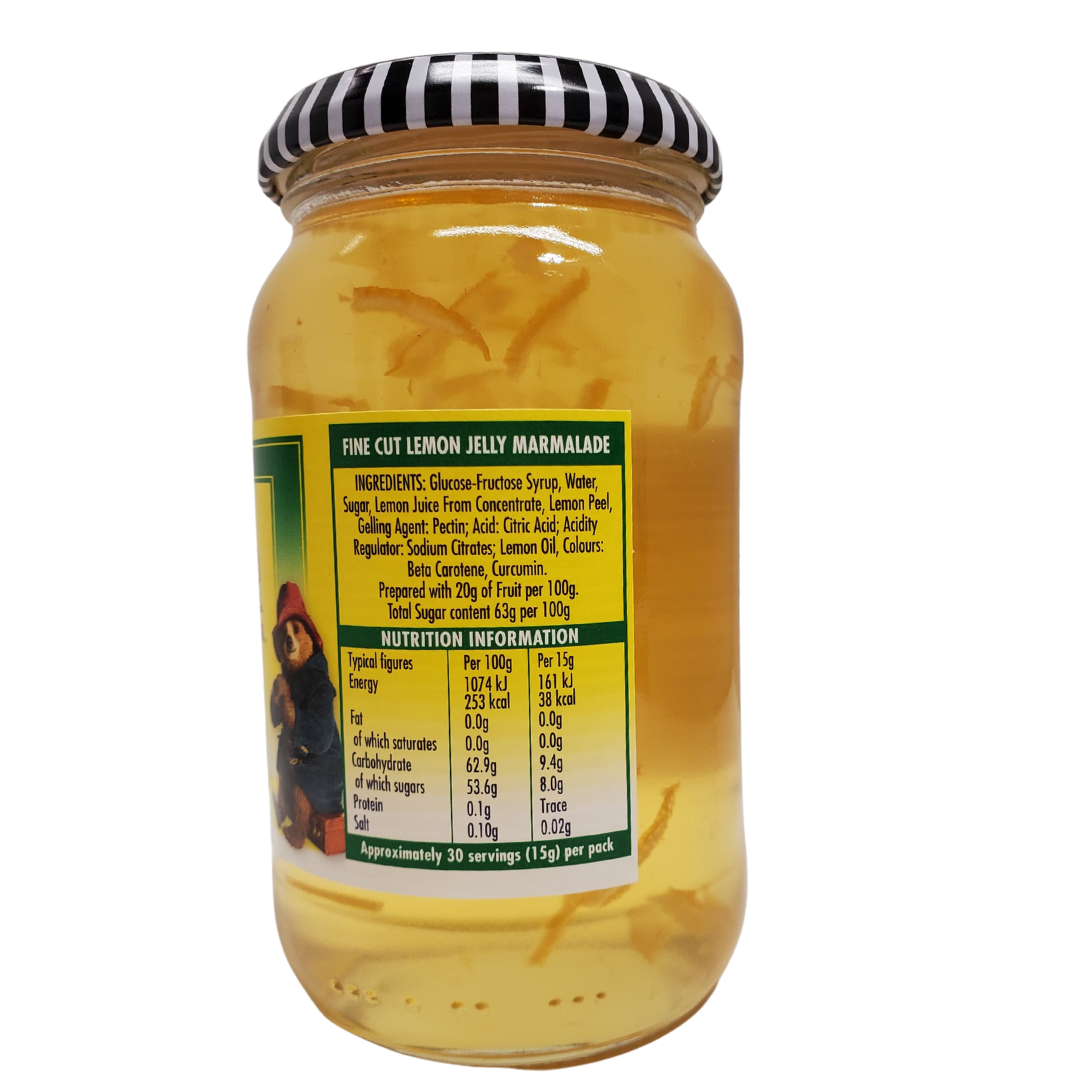Fine cut lemon jelly marmalade. Ingredients: glucose-fructose syrup, water, sugar, lemon juice from concentrate, lemon peel, geling agent: pectin; acid; citric acid; acidity regulator. Sodium citrates, lemon oil, colours: beta carotene, curcumin. Prepared with 200g of fruit per 100g. Total sugar content 63g per 100g.