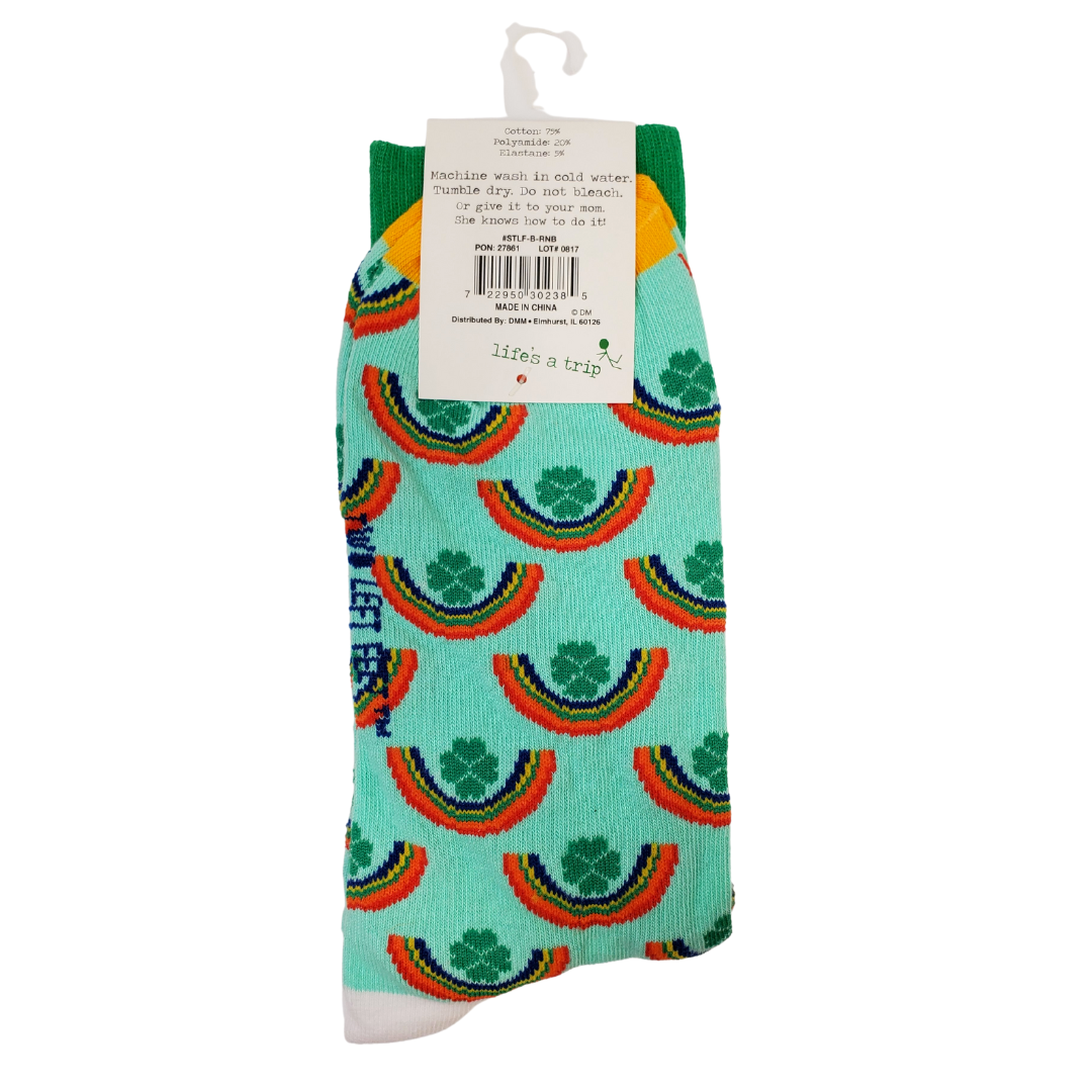 Get the luck of the Irish while keeping your toes toasty with these four-leaf clover rainbow socks! Comes in two size variations: small feet, and big feet. Small Feet: Women's: 5.5-9.5 Men's: 5-8 Large Feet: Women's: 10-12.5 Men's: 8.5-13
