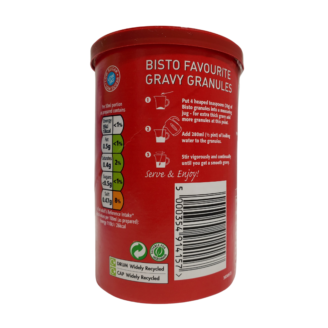 Bistro gravy granules. UK's favourite gravies. To make: Add four heaping teaspoons of Bistro granules into a measuring jug. Add 280mL of boiling water to the granules. Stir until homogenous and smooth.