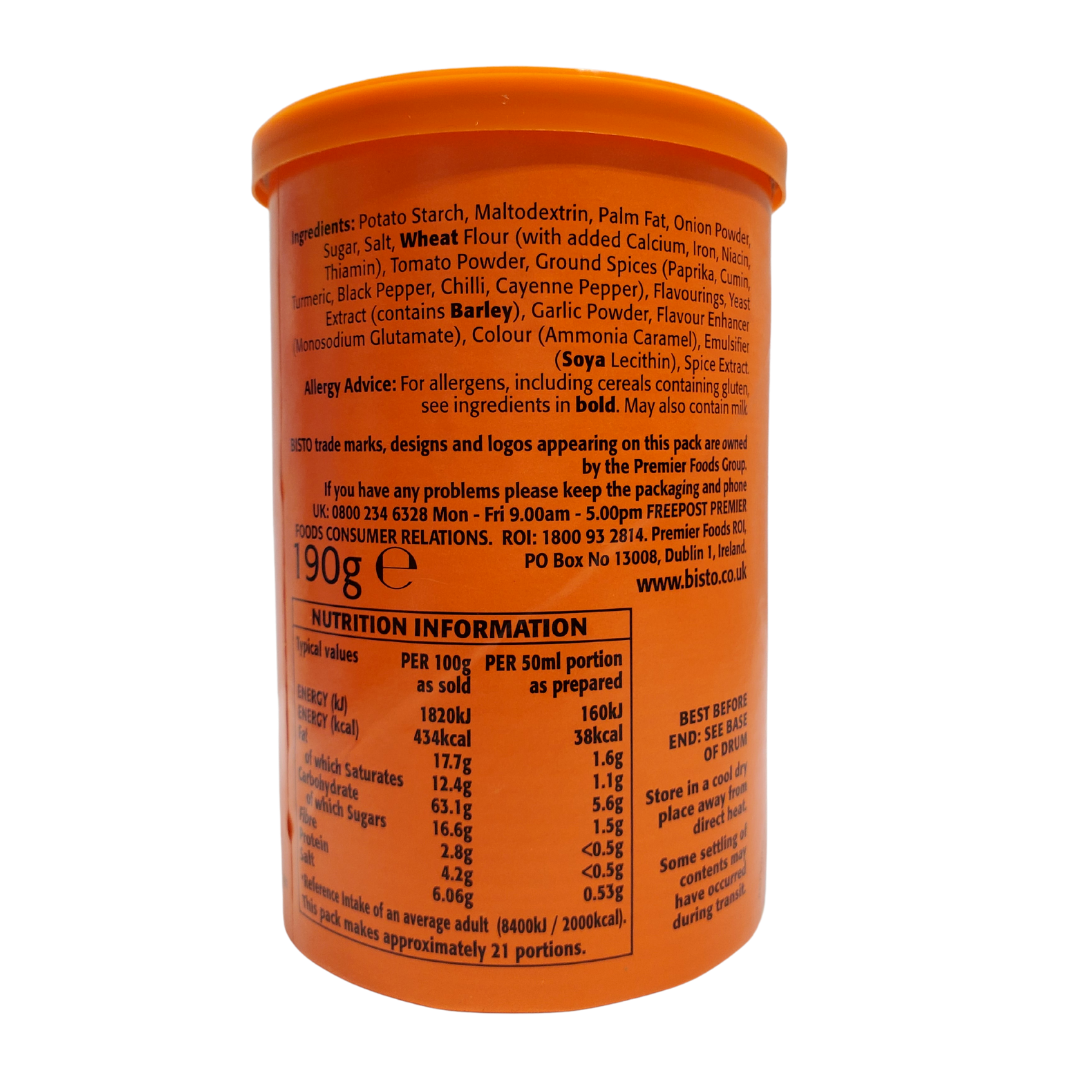 Bistro curry sauce granules. UK's favourite gravies.   Preparation instruction: Combine four heaping teaspoons of Bistro granules with 280mL of boiling water. Stir until granules dissappear and mixture turns homogenous and smooth.