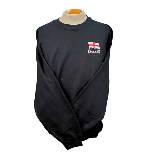 Black crewneck sweatshirt with the England flag embroidered on the left breast with the text "ENGLAND" embroidered in white