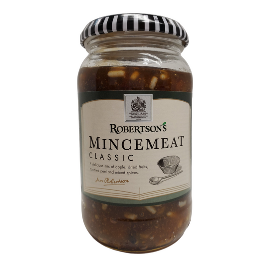 Robertson's mincemeat classic. A delicious mix of apple, dried fruits, candied peel, and mixed spices. 411g.  Ingredients: Sugar, Apple (26%). Vine Fruits (26%) [Sultonas Raisins, Currants] Clandied Mixed Citrus Peel (4%), Glucose-Fructose Syrup, Orange Peel, Sugar, Lemon peel ] Vegetable Suet (Palm Oil, sunflower Oil, Treacle. Preservative Acetic acid;  Mixed Spice Acidity regulator:  Citric Acid