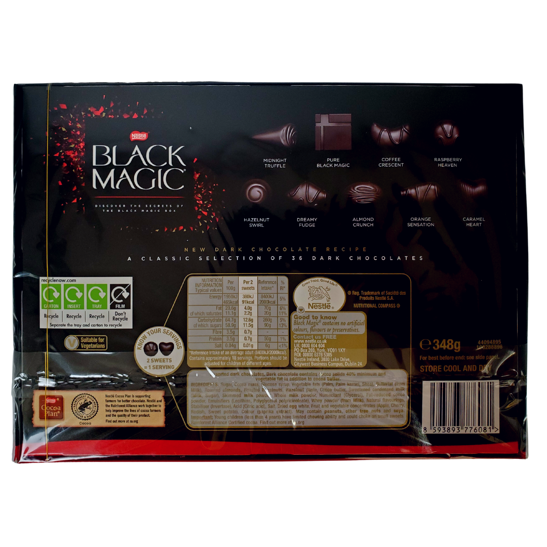 This mixture of elegant and velvety smooth chocolates is the perfect gift for friends or treat for yourself! This assortment of dark chocolates is sure to spread smiles all around. This assortments include the following chocolates: midnight truffle, pure black magic, coffee crescent, raspberry heaven, hazelnut swirl, dreamy fudge, almond crunch, orange sensation and, caramel hazelnut. This product comes in two sizes: 174g and 348g. Imported from the United Kingdom.