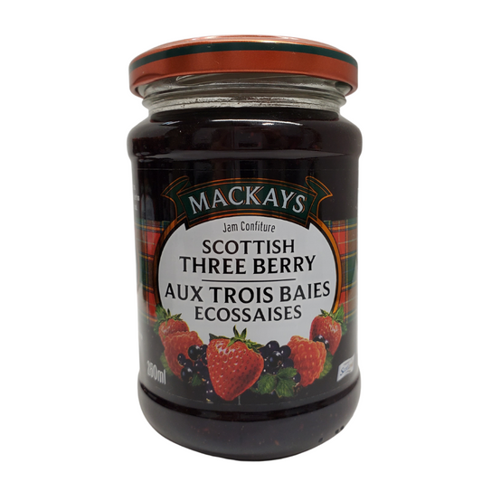 Mackays Scottish three berry jam. This combo includes Strawberries, Raspberries and blackcurrants Size: 250ml.