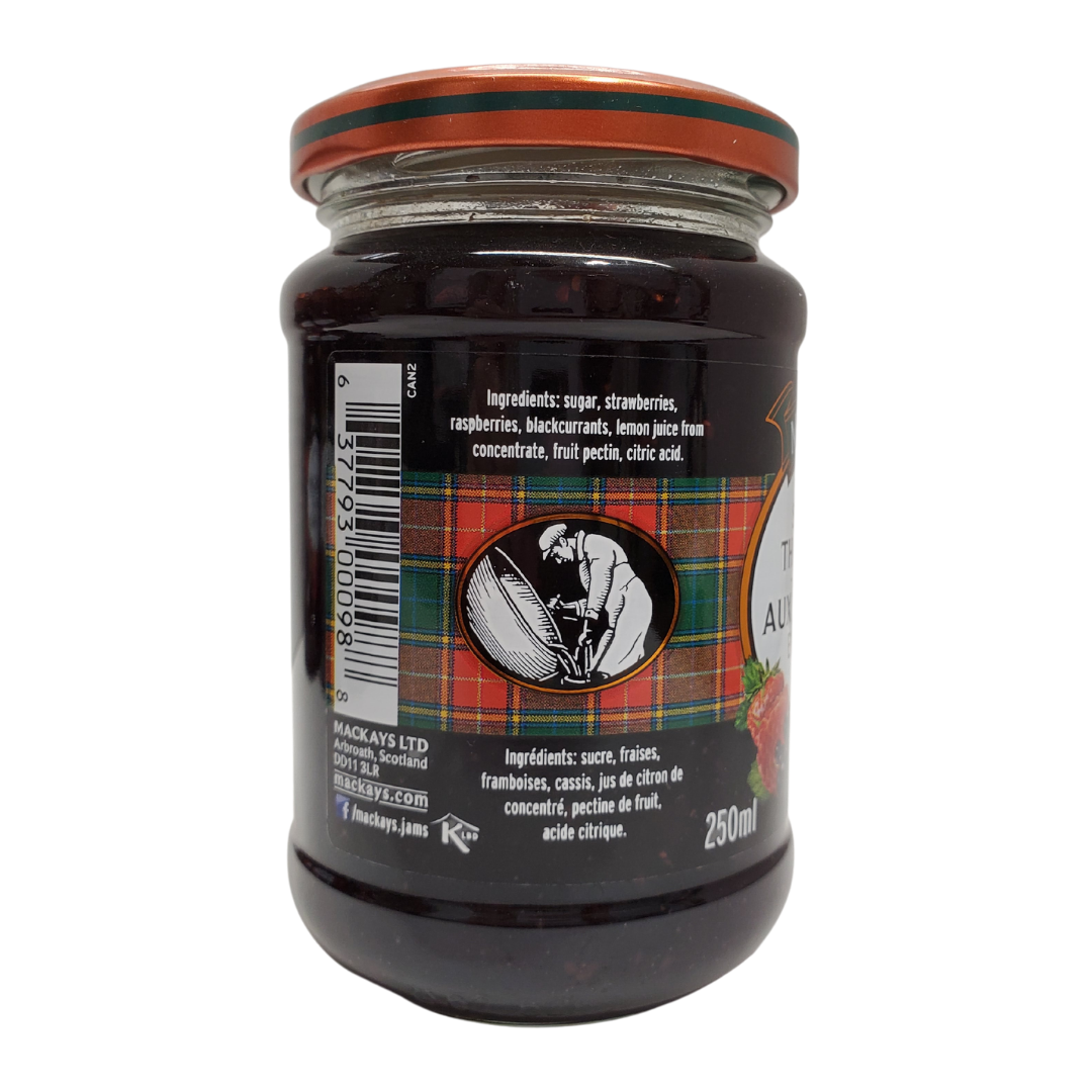 Back view of jar - Mackays Scottish three berry jam.  This combo includes Strawberries, Raspberries and blackcurrants  Size: 250ml. 