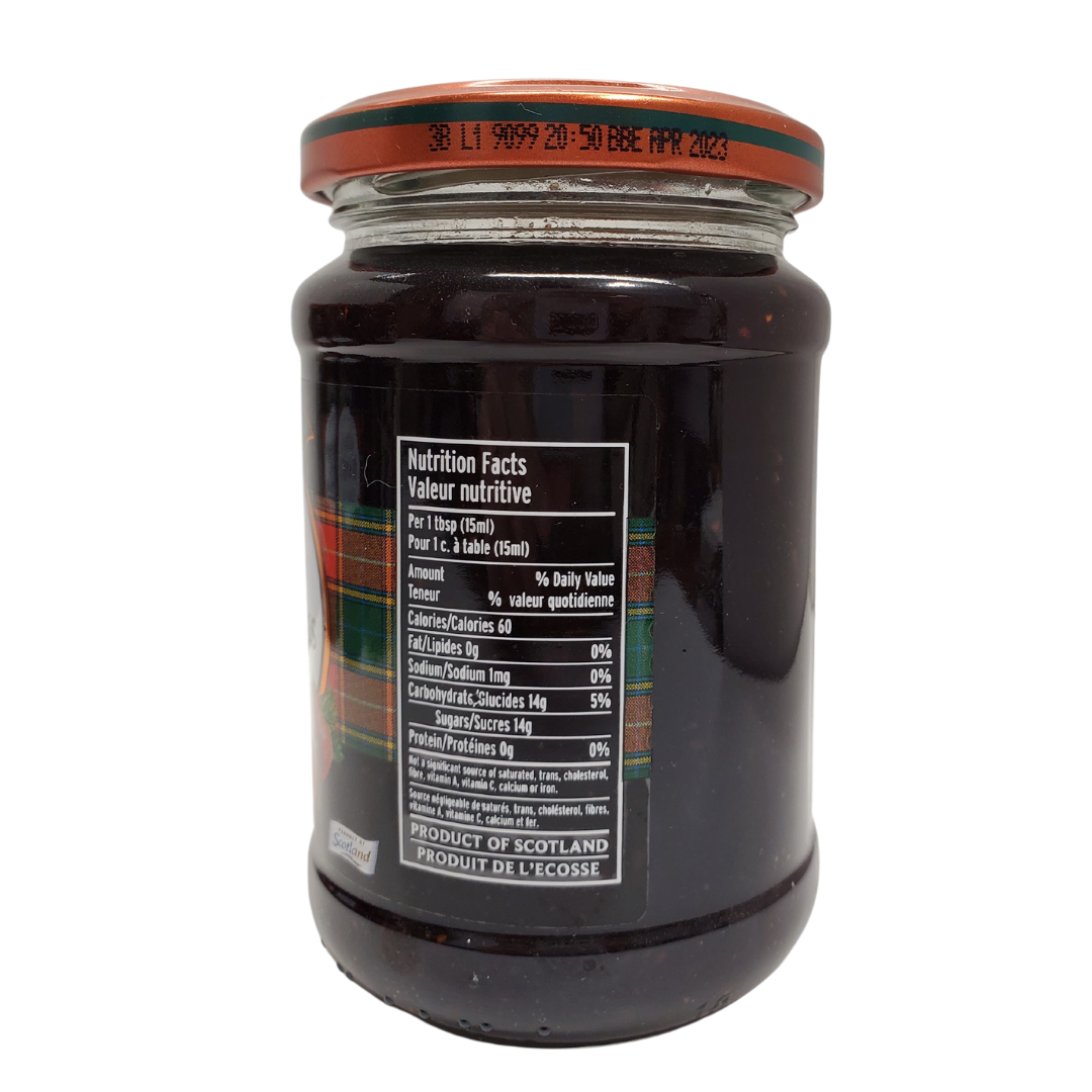 View of nutritional facts on jar - Mackays Scottish three berry jam. This combo includes Strawberries, Raspberries and blackcurrants Size: 250ml.