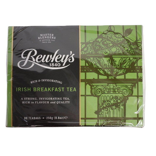 Brewley's Irish Breakfast Tea - Front View of Box - A strong invigorating tea, rich in flavour and quality. Bewley's has blended some of the finest quality teas since 1840. This box of tea comes with 80 tea bags.
