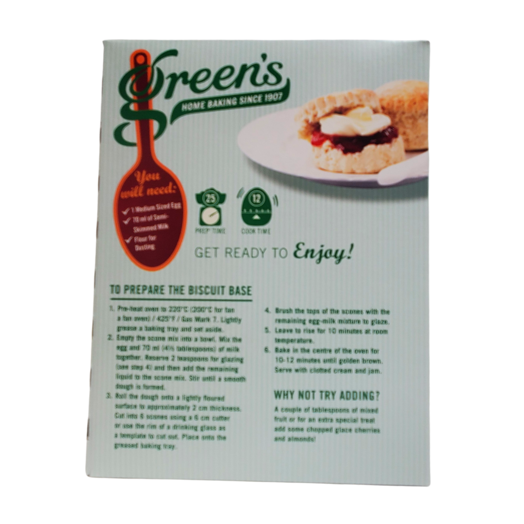 Back view of box - This package of Green's scone mix makes 6 scones!! This recipe is quick and easy to make! All you need is one egg, 70 mL of semi-skimmed milk, and flour for dusting!!