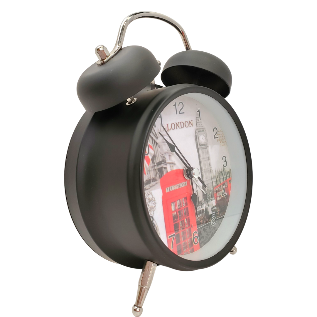 This classic-looking alarm clock with a British twist is ideal for the bedside. Large print numbers, super loud alarm will make sure you're never late for work again! Metal material, glass lens, and cute little feet. Battery operated Battery not included