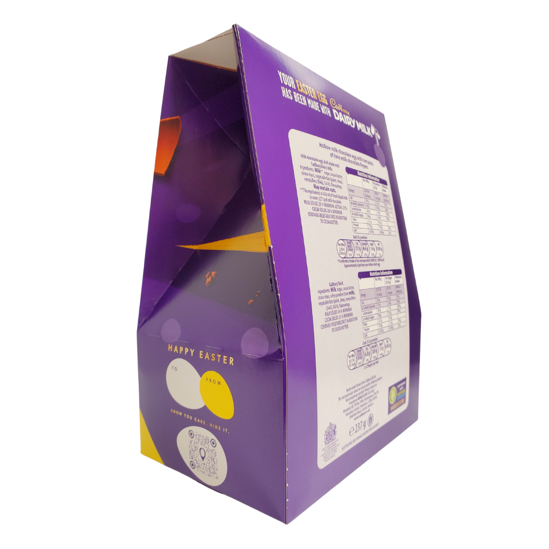 A yummy hollow chocolate egg made with the world-famous Cadbury Dairy Milk chocolate. The chocolate egg is filled with twin milk chocolate fingers. Bright festive packaging perfect for the holiday! Contains one Cadbury Dairy Milk hollow chocolate egg and two packs of twin milk chocolate fingers. 237g. Imported from the UK.