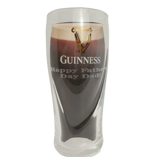 Get a father's day gift your dad will actually want! Official Guinness Fathersday engraved pint glass. This Guinness Happy Father's Day Engraved Gravity Pint Glass features a beautifully engraved pint glass with the words “Happy Birthday Dad” on it. The pint glass is a perfect gift for dad! 20 oz Official Guinness pint glass "HAPPY FATHER'S DAY DAD!" engraved below the Guinness logo