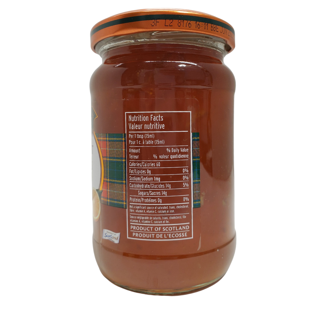 View of nutrional info - Mackays three fruit marmalade. Size: 250mL . Product of Scotland.