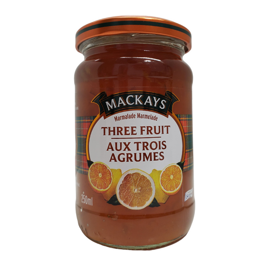 Mackays three fruit marmalade. Size: 250mL . Product of Scotland.