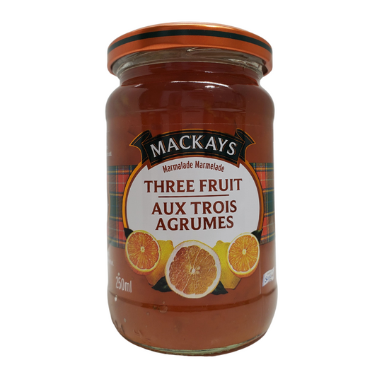 Mackays three fruit marmalade.  Size: 250mL .  Product of Scotland.
