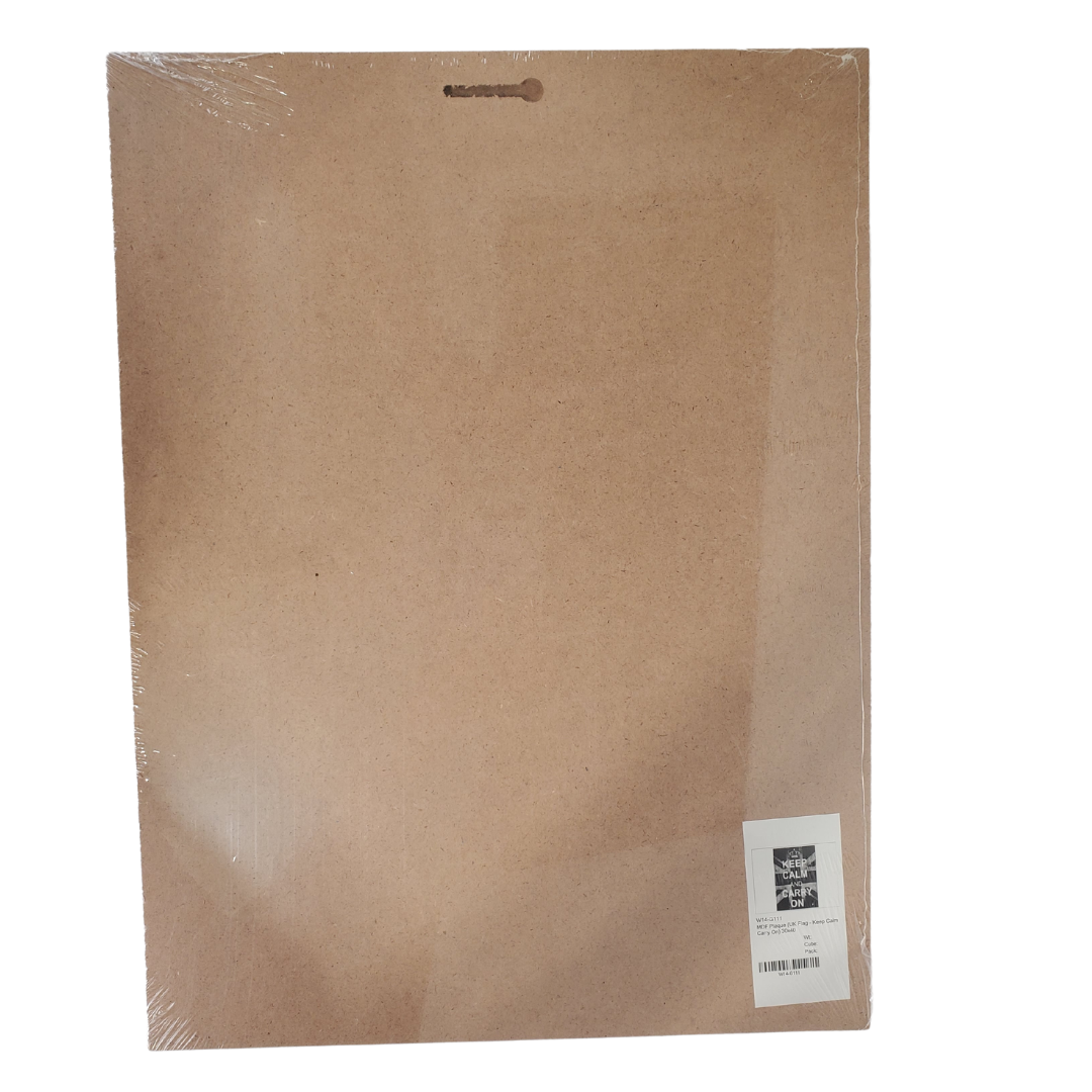 Back of plaque - Inspired by the second world war posters. This phrase was coined to help boost morale in uncertain times. Now it is time for you to get this morale boost with your very own keep calm and carry on wooden plaque. 30 x 40cm