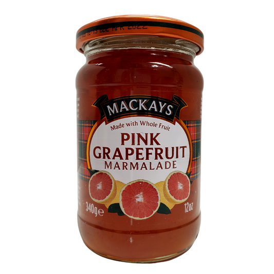 Mackays pink grapefruit marmalade. Made with whole fruit. Size: 340g.