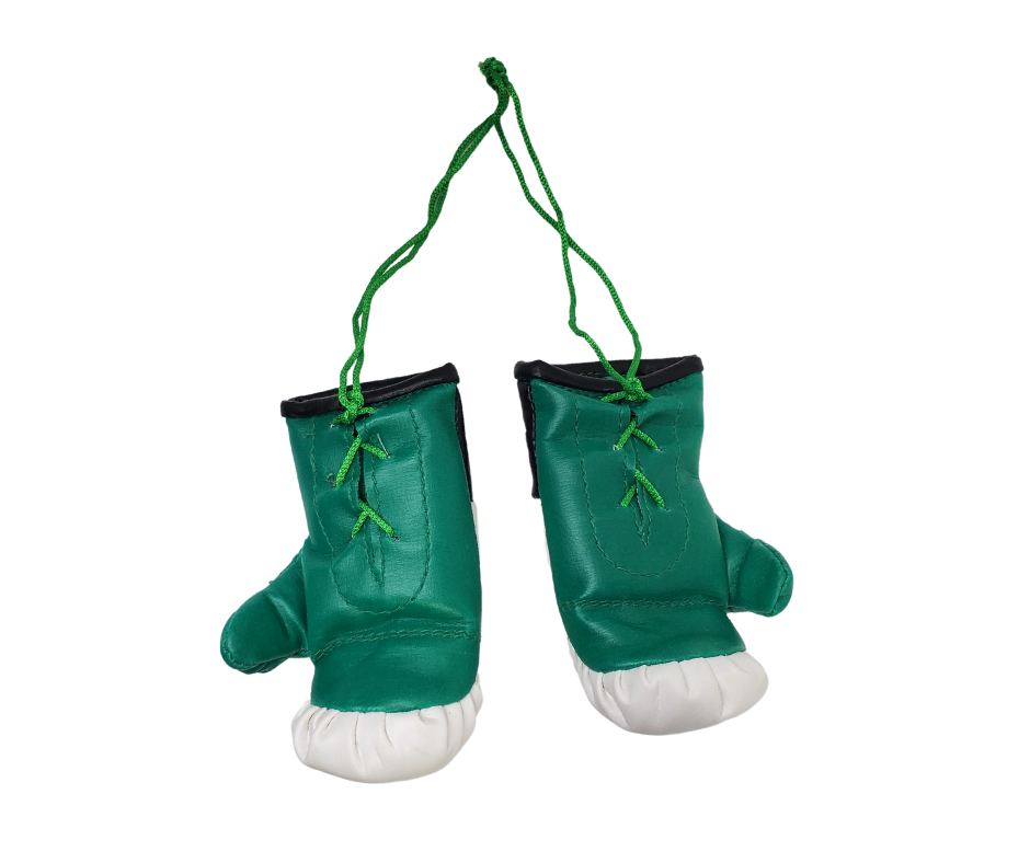 A set of miniature boxing gloves tied together with a green string. Offical celtic merchandise. White gloves with the official celtic logo and a black band around the wrist with white text reading "Celtic."