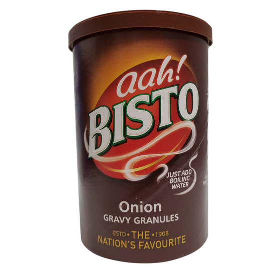 Bistro onion gravy granules. UK's favourite gravies. Easy to make. Just combine four heaping teaspoons of Bistro granules with 280mL of boiling water; Stir until homogenous and smooth to enjoy.