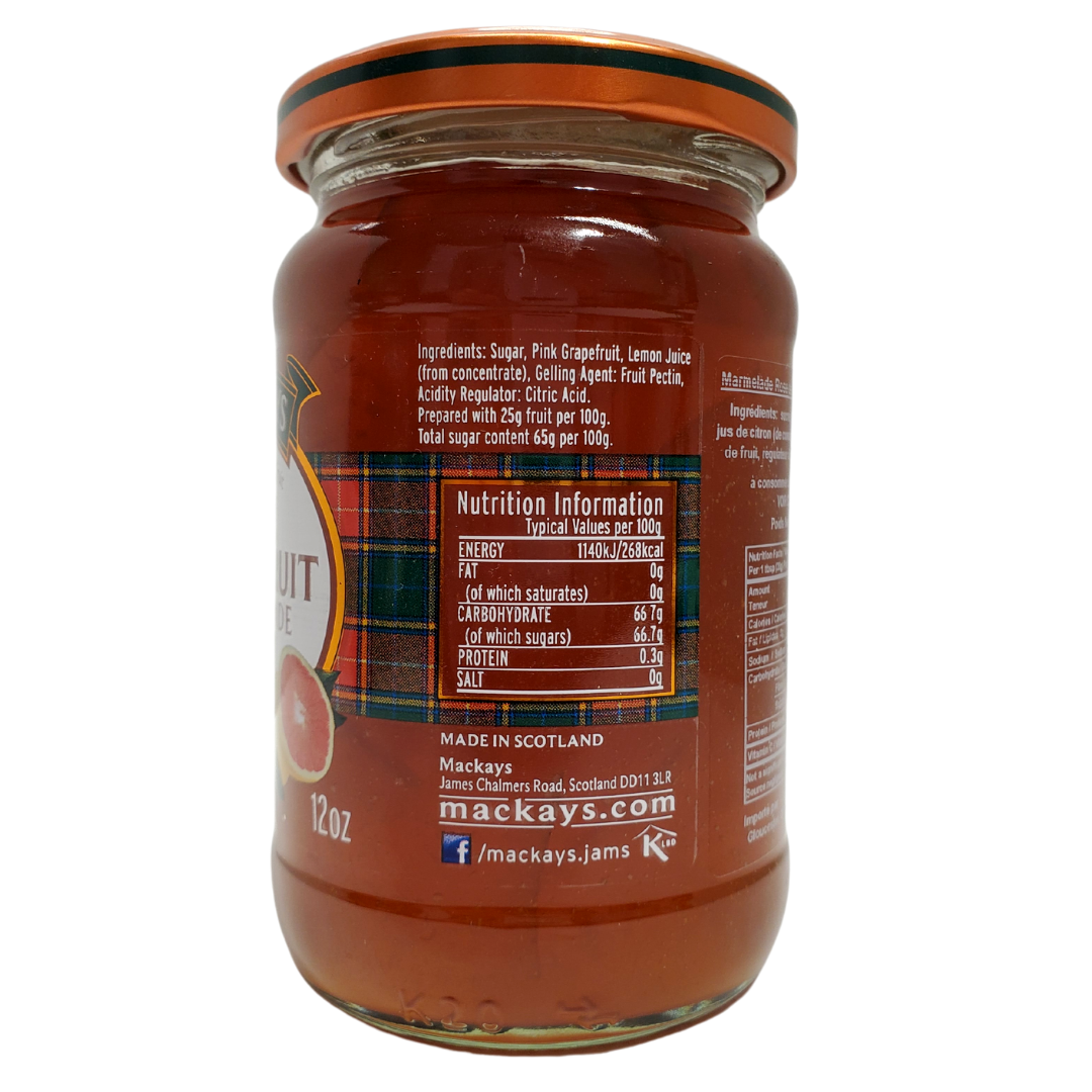 Mackays pink grapefruit marmalade. Made with whole fruit. Size: 340g.