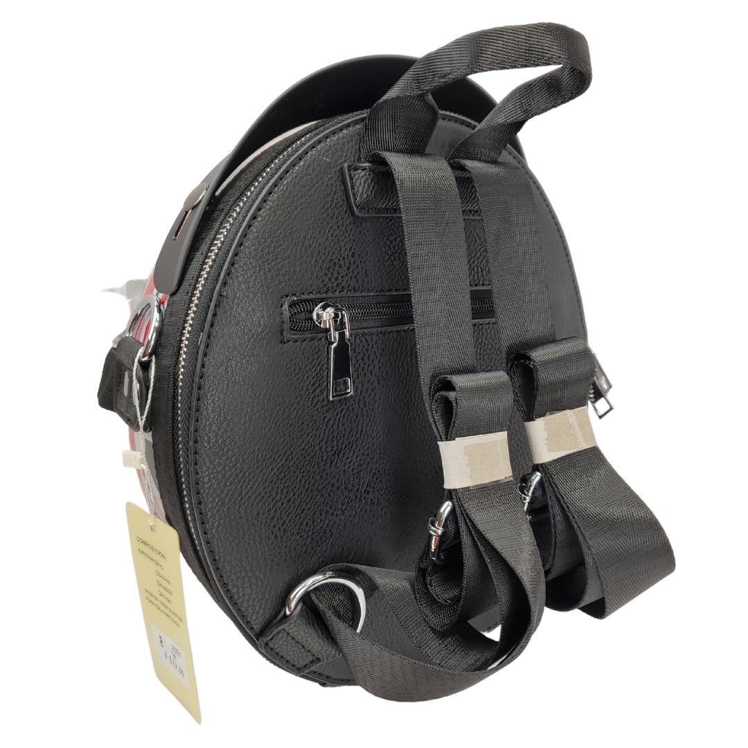 View of Straps -Show off your unique style with this backpack that is shaped as a helmet. The hard outer shell is sure to protect your valuables. Not only is it cute, but it is also highly functional with a clever layout and separate compartments for storage. Can be used as a backpack or as a shoulder bag. Lined interior (100% polyester) Extra adjustable Shoulder strap (removable) Adjustable backpack straps