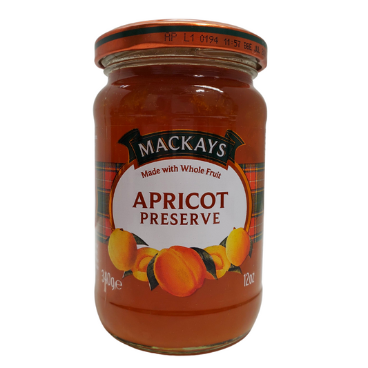 Mackays apricot preserve. Made with whole fruit. Size: 340g.