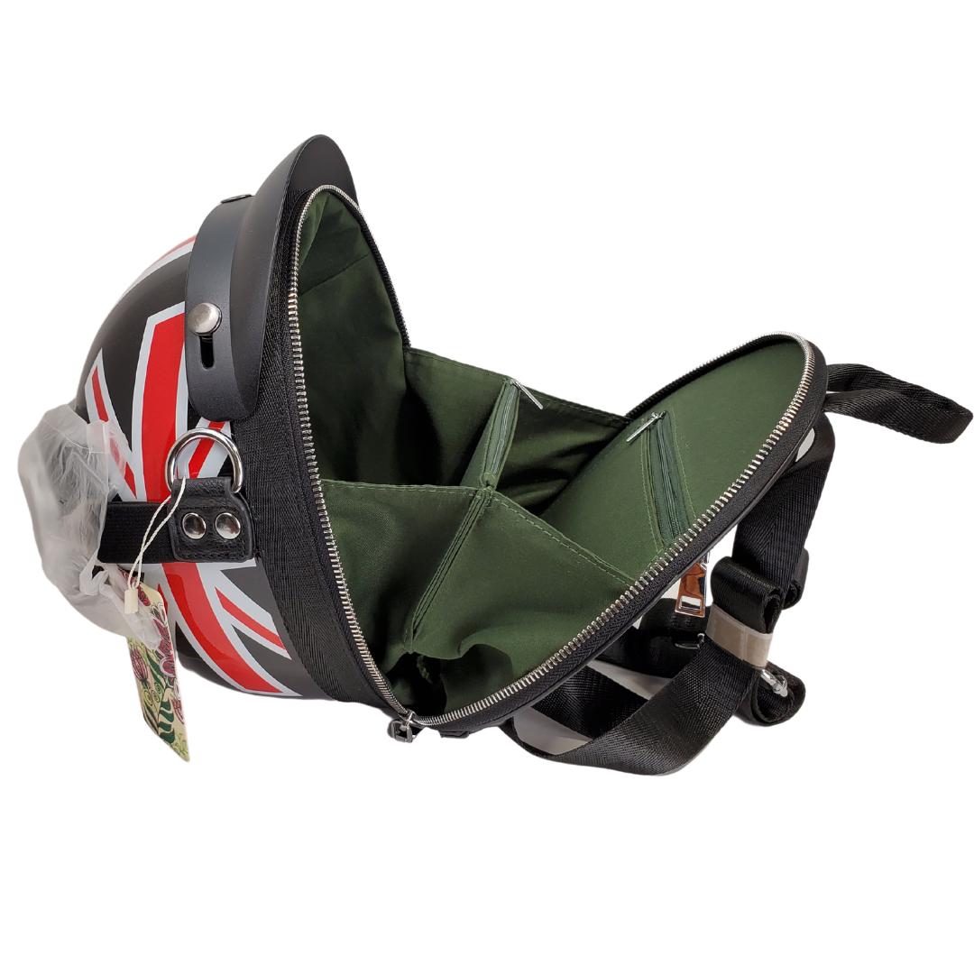 Open View - Show off your unique style with this backpack that is shaped as a helmet. The hard outer shell is sure to protect your valuables. Not only is it cute, but it is also highly functional with a clever layout and separate compartments for storage. Can be used as a backpack or as a shoulder bag. Lined interior (100% polyester) Extra adjustable Shoulder strap (removable) Adjustable backpack straps