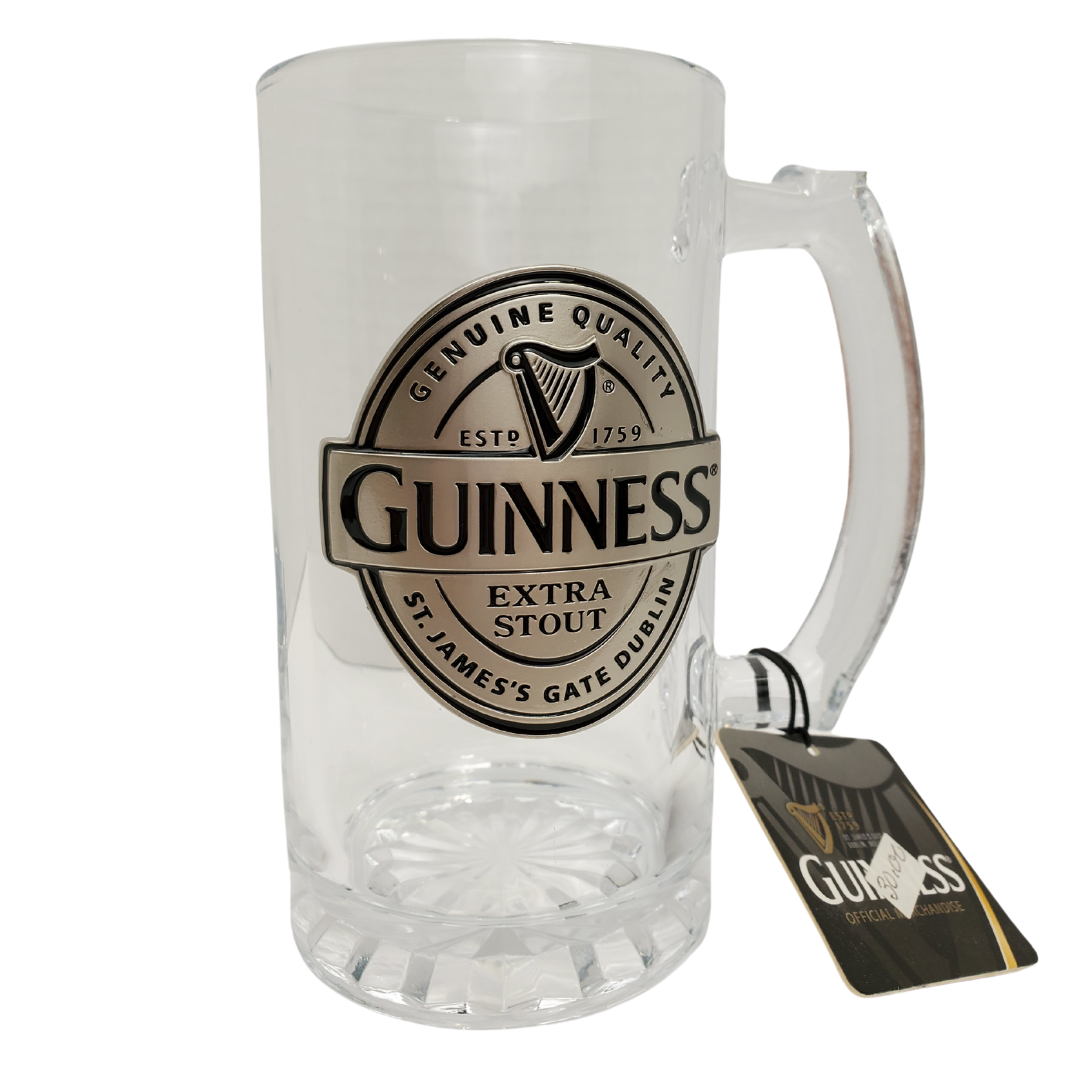 Feel like you are at an Irish pub while relaxing at home with our Guinness beer stein. Featuring the classic emblem embossed harp and textured glass and metal Guinness logo. Official Guinness Beer Stein Thick Durable Glass Embossed Logo