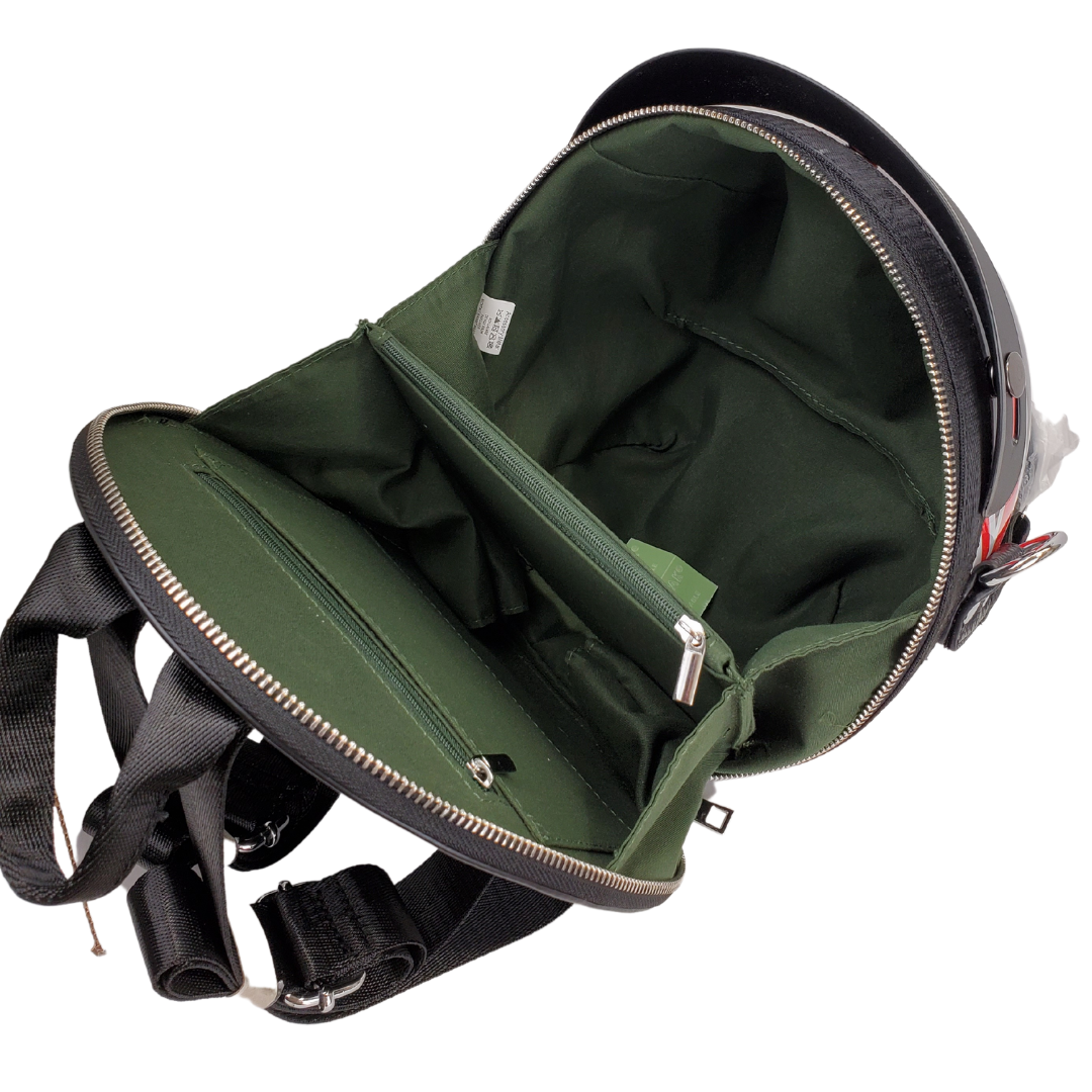 Open view - Show off your unique style with this backpack that is shaped as a helmet. The hard outer shell is sure to protect your valuables. Not only is it cute, but it is also highly functional with a clever layout and separate compartments for storage. Can be used as a backpack or as a shoulder bag. Lined interior (100% polyester) Extra adjustable Shoulder strap (removable) Adjustable backpack straps