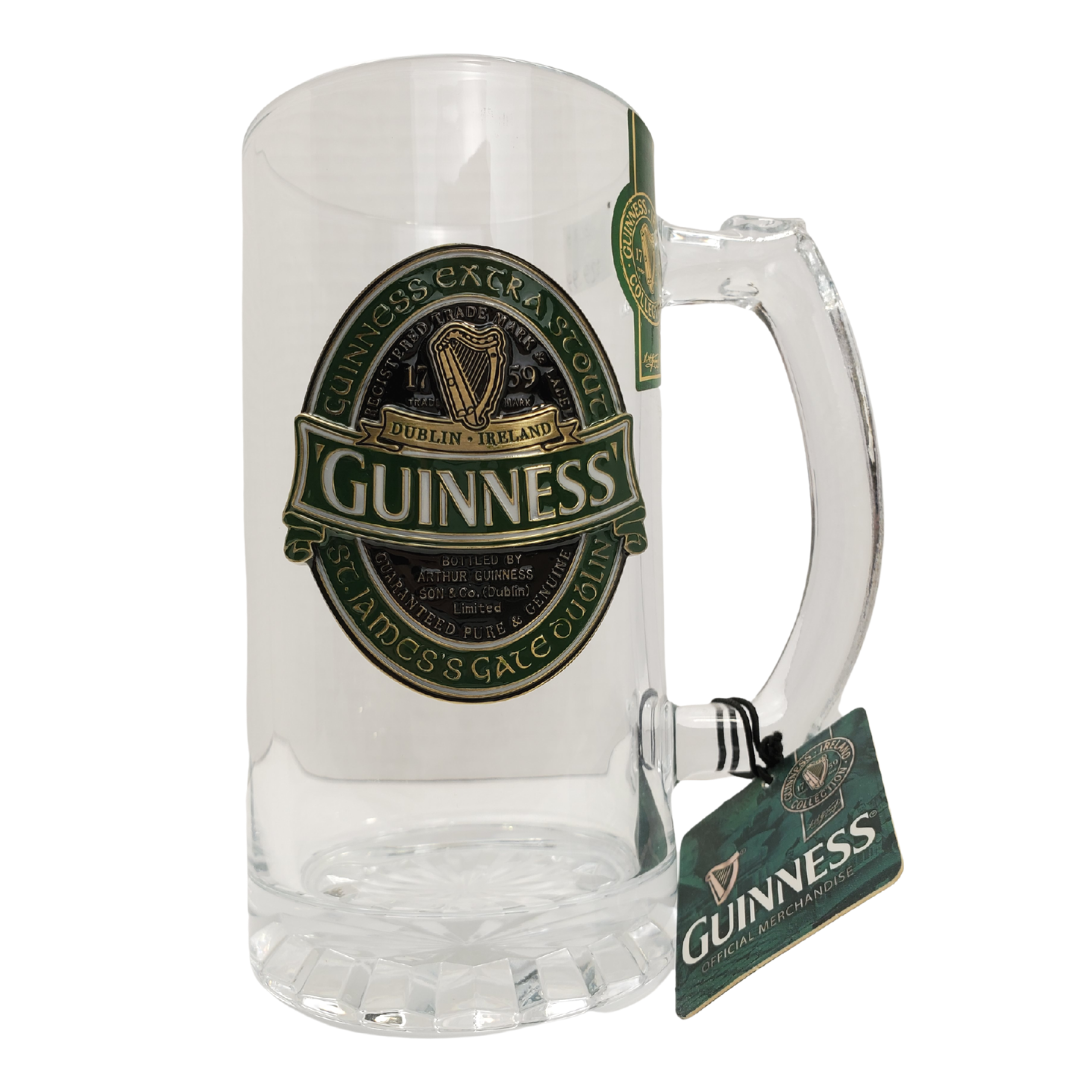 Feel like you are at an Irish pub while relaxing at home with our Guinness beer stein. Featuring the classic emblem embossed harp and textured glass and metal Guinness logo. Official Guinness Beer Stein Thick Durable Glass Embossed Logo in green