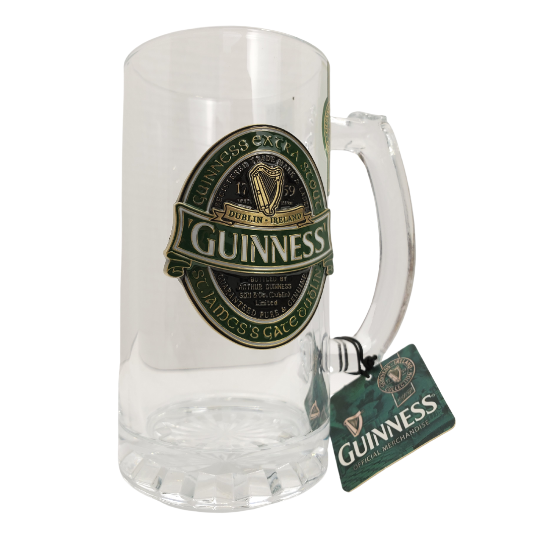 Feel like you are at an Irish pub while relaxing at home with our Guinness beer stein. Featuring the classic emblem embossed harp and textured glass and metal Guinness logo. Official Guinness Beer Stein Thick Durable Glass Embossed Logo in green