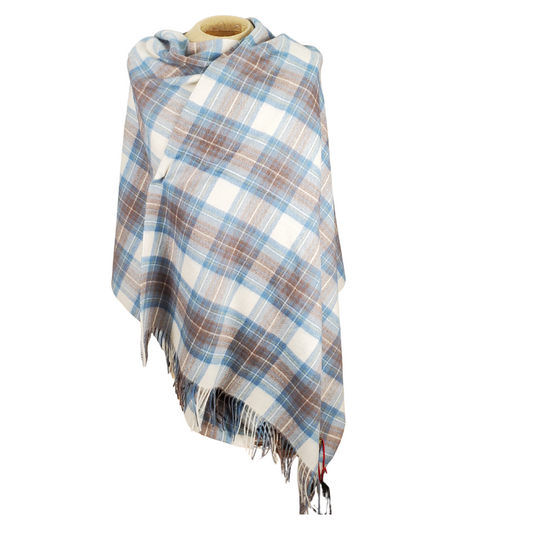 Muted Blue Tartan Wool Shawl