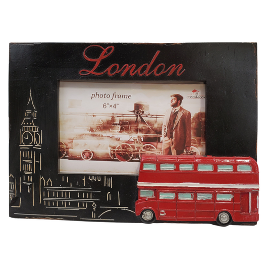Give your pictures a touch of London with this London-themed picture frame. Perfect for any travel photos you would like to display! 9 x 0.8 x 6.5-inch photo frame is made of durable polyresin material. The frame is engraved with a bright red London on the top and features Big Ben on the left of the frame and a bright red 3D double-decker bus to the lower right. The frame holds a photo with 6 x 4" dimensions.