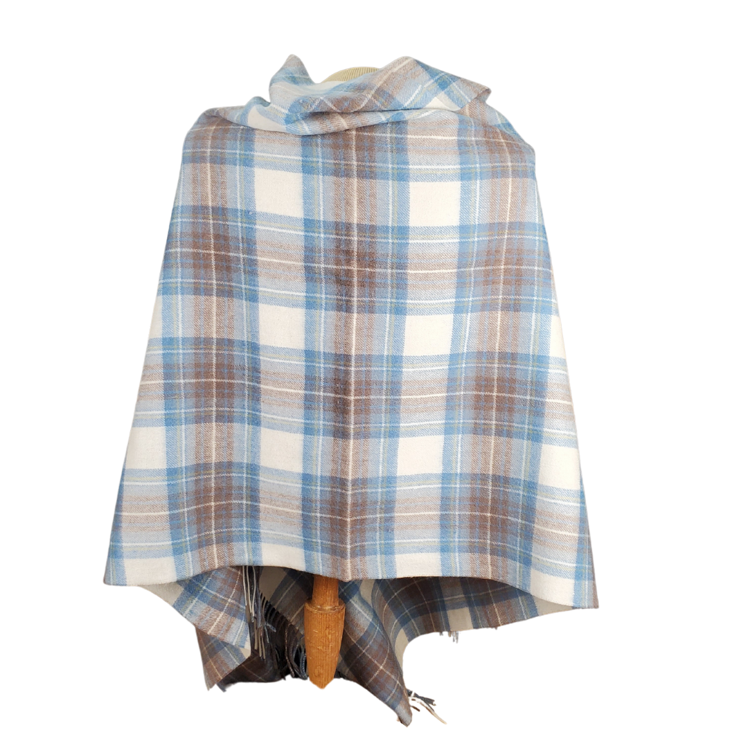 Muted Blue Tartan Wool Shawl