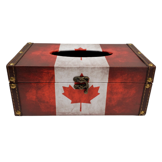 Canada flag tissue box. Has a burnt effect to it to give it a rugged antique look. The edges are wrapped in a faux leather with gold coloured studs.