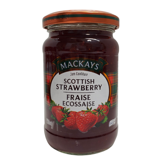 Mackays scottish strawberry jam. Size: 250mL.
