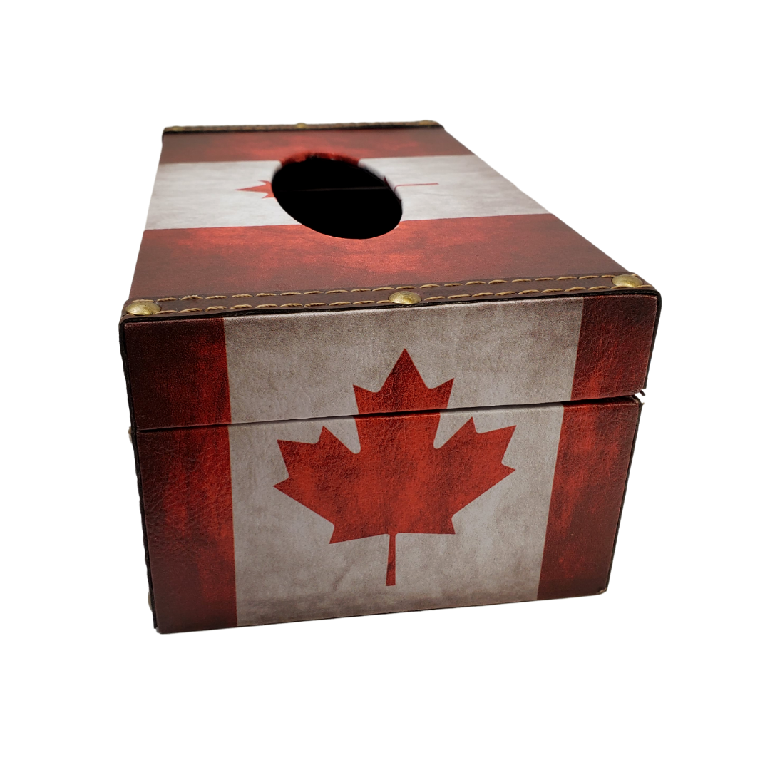 This beautiful burnt-looking tissue box is a beautiful way to showcase your patriotism. The dimensions are 4" H x 10" W x 5.5" D and can hold a standard-sized tissue box. Has a gorgeous faux leather trim along the edges to give it a vintage look. The interior of the box is lined with black linen and can be opened by unlatching the gold lock.