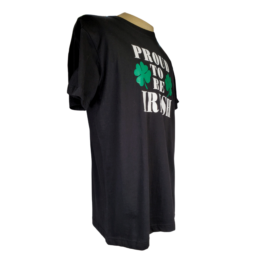 Show off your Irish pride with this t-shirt featuring the text "PROUD TO BE IRISH" with some four-leaf clovers to bring you some luck. White text is printed on a black t-shirt.