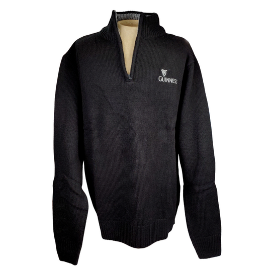 This plush soft official Guinness sweater will keep you warm and cozy during the winter season. 3/4 zip with the official Guinness harp and the text "GUINNESS" below it.