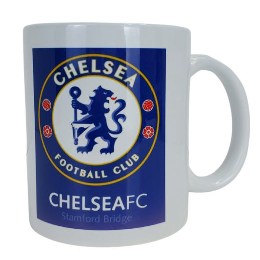 White coffee mug with blue background. On the background is the Chelsea football club logo.