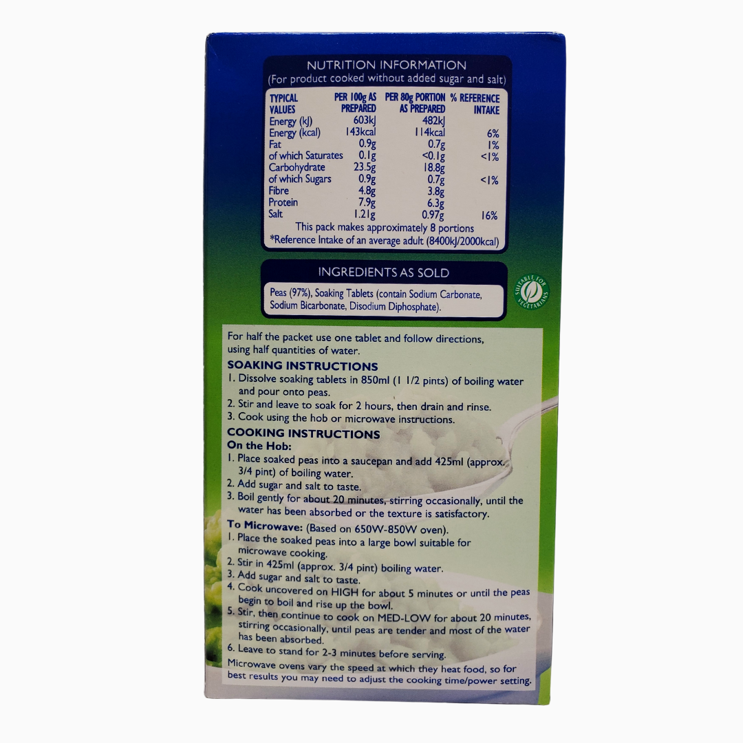 Batchelor's quick soak dried peas. Low Fat, Low Sugar, Source of fibre. Only need to soak for two hours.