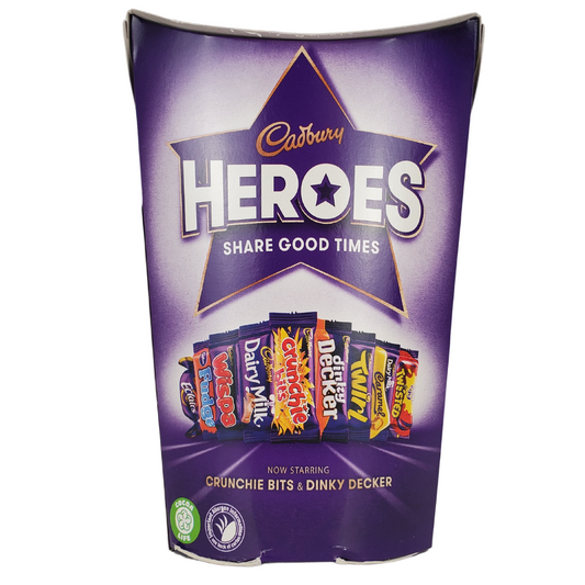 This Cadbury Heroes carton is the perfect size for sharing and snacking. This Heroes carton has a variety of chocolates and toffees. Carton includes: Cadbury Eclairs, Cadbury Fudge, Cadbury Wispa, Cadbury Dairy Milk, Cadbury Crunchie Bits, Cadbury Dinky Decker, Cadbury Twirl, Cadbury Dairy Milk Caramel, and Cadbury Creme Egg Twisted.