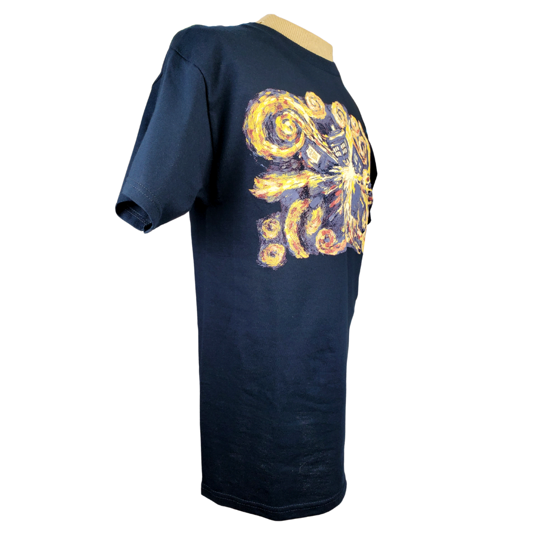 This Dr. Who T-shirt is the perfect gift for the fans of the franchise! This shirt is in a beautiful navy blue with an abstract print design. 100% cotton.