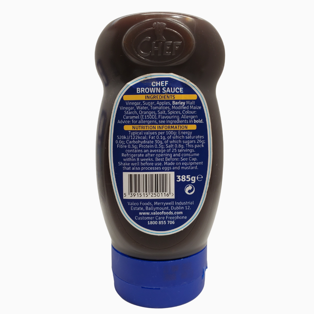 Chef brown sauce. Made in Ireland- Ireland's best spiced brown sauce. 385g.