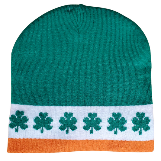Stay warm in cozy in this Ireland knitted toque. This toque features the beautiful colours of the Irish flag. This toque is wrapped in four-leaf clovers to bring you extra luck during the cold season. The cold weather will not prevent you from showing off Irish pride! One size fits most with the soft stretch fit fabric.